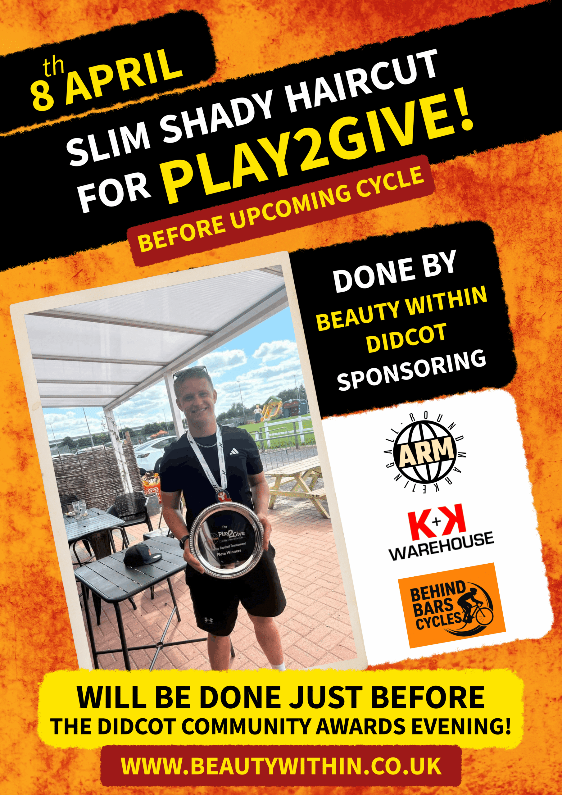 Slim Shady haircut fundraising poster created for Play2Give by All-Round Marketing Ltd in Didcot Oxfordshire