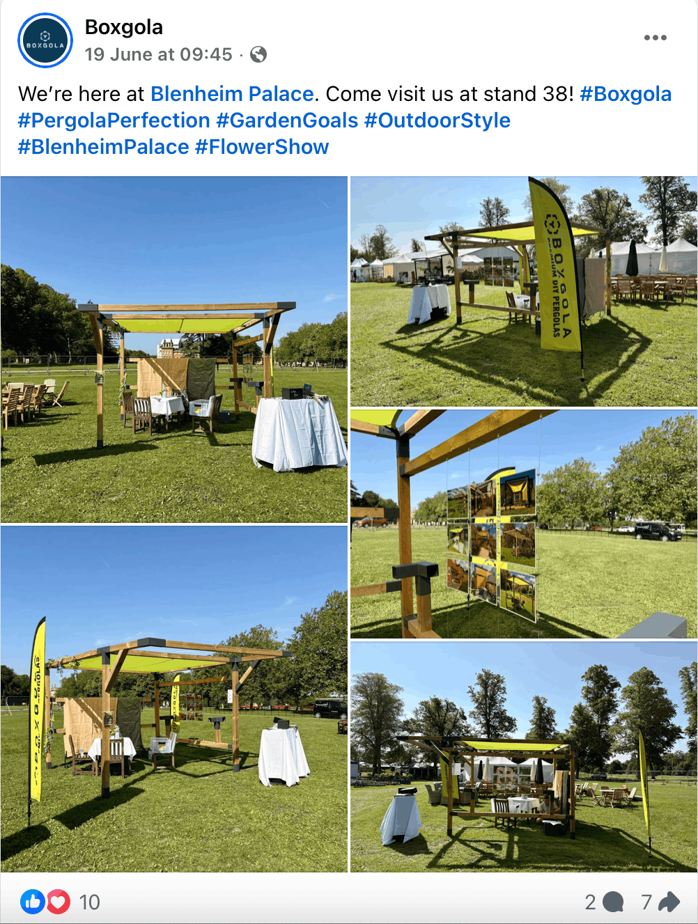 Boxgola Facebook post from the Blenheim Palace Flower Show created during its social media campaign