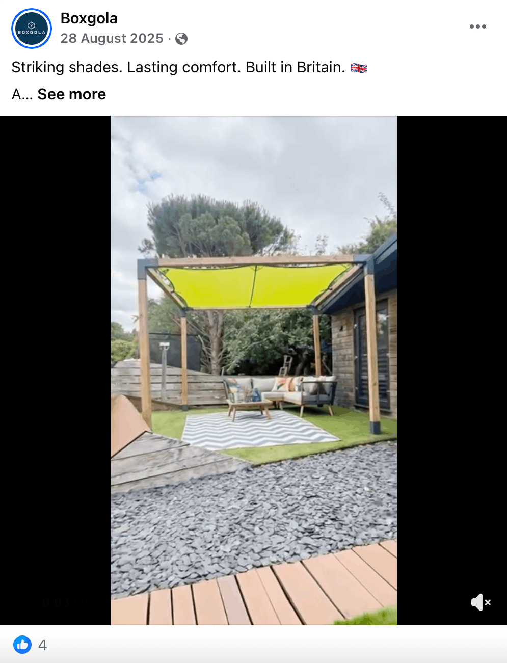 Boxgola Facebook reel showing a British-made pergola installed in a residential garden
